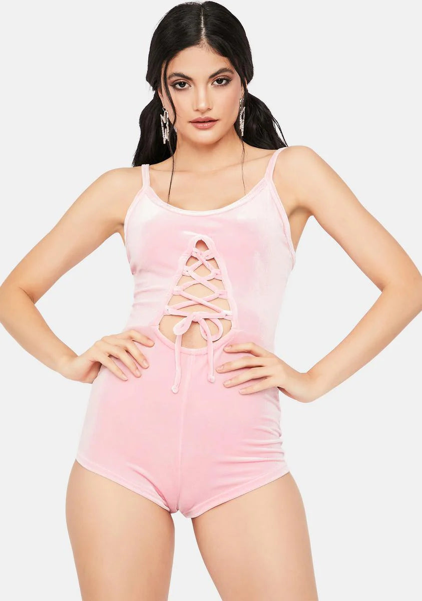 Changing Perspectives Pink Velour Lace Up Romper