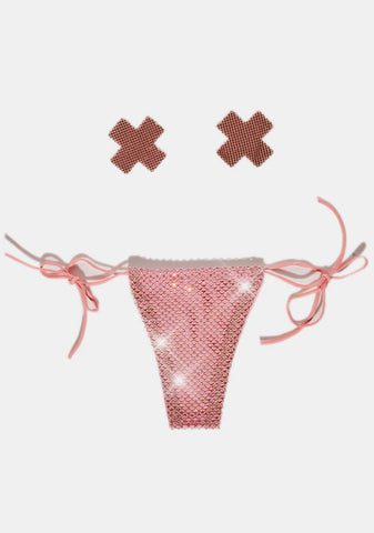 Pink Shiney Hiney Iridescent Rhinestone Pasties And Panty Set