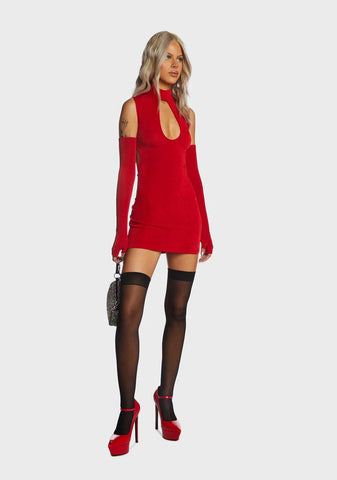 Red Cut Out Mini Dress With Gloves
