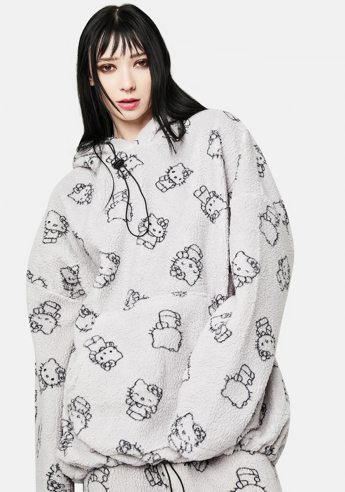 Grey Hello Kitty Printed Fleece Hoodie