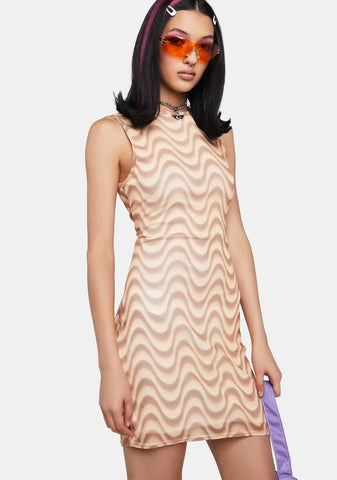Brown Wave Print Mesh Backless Dress