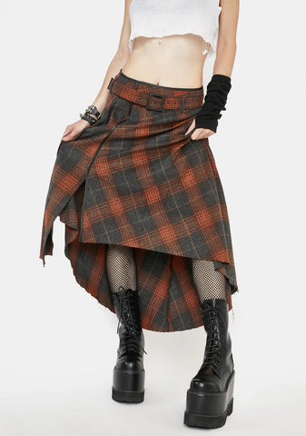 Permutation Plaid Asymmetrical Skirt