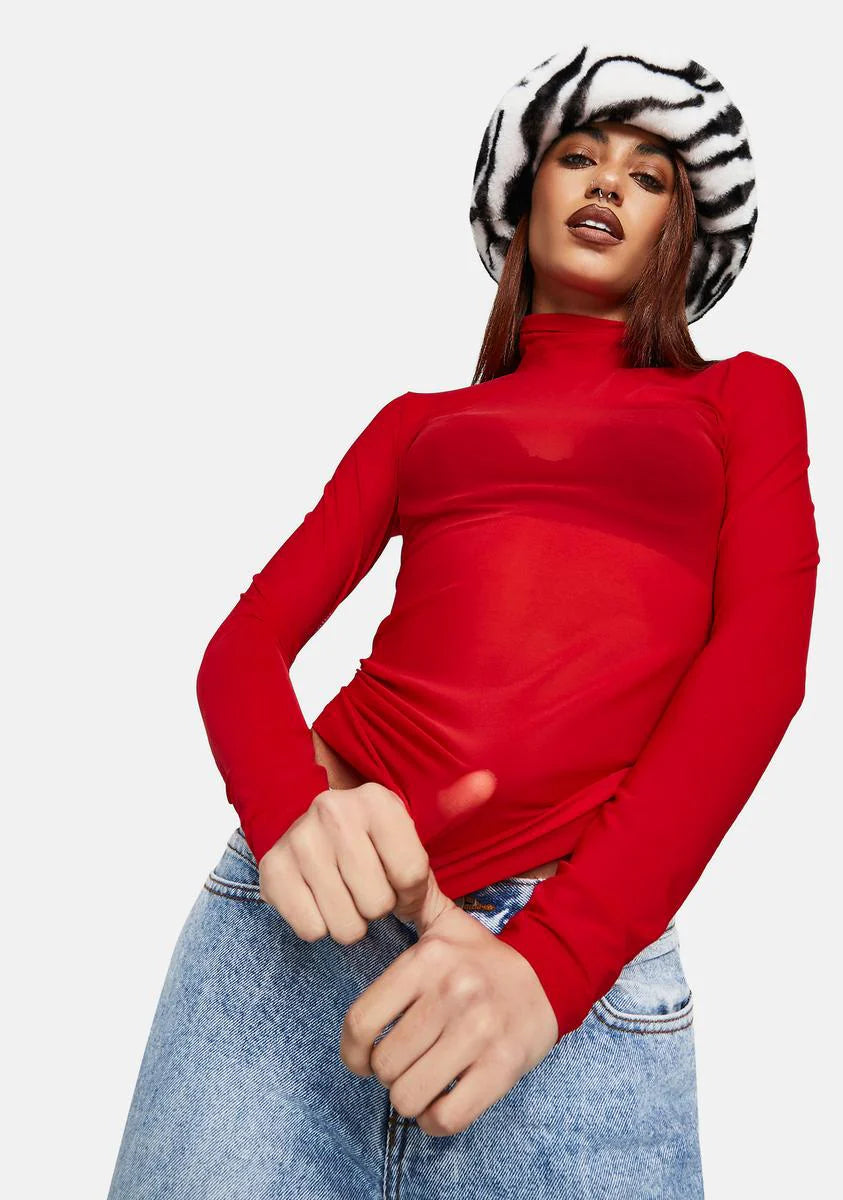 Red Mesh Long Sleeve Turtleneck