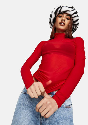 Red Mesh Long Sleeve Turtleneck