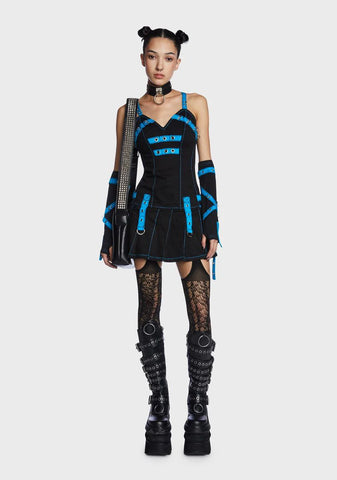 Black/Blue Pleated Mini Dress