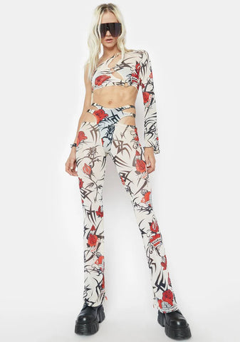 Beige Tattoo Rose Speed Racer Mesh Pants