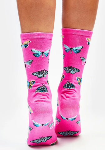 Pink Butterfly Bamboo Crew Socks