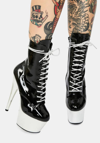 Black And Chrome Adore Lace Up Heels
