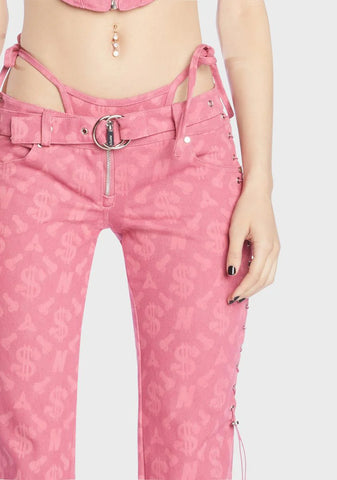 Pink Monogram Denim Low Cut Lace Up Pants
