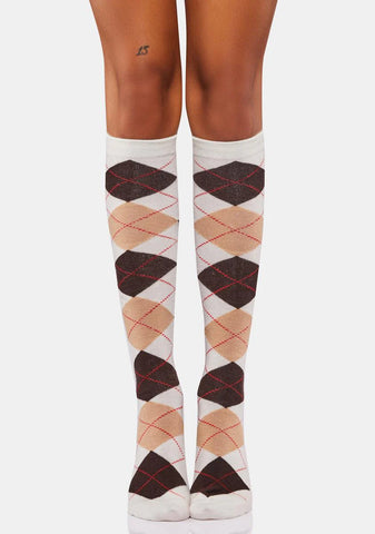 White Argyle Shades Knee High Socks