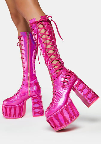 Rude Awakening Lace-Up Boots - Pink Glitter
