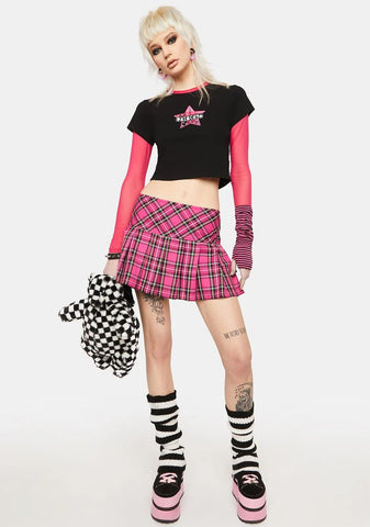 Pink Plaid Pleated Mini Skirt