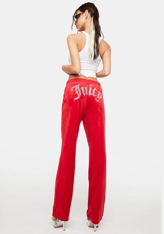 Coco Red Luxe Velour Rhinestone Logo Sweatpants