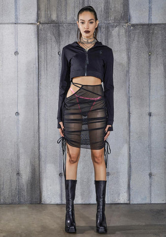 Snare Ruched Mesh Cut-Out Midi Skirt