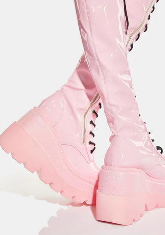 Pink Holographic Shaker-374 Thigh High Boots