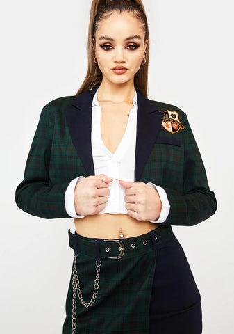 Dorm Core Cropped Plaid Blazer