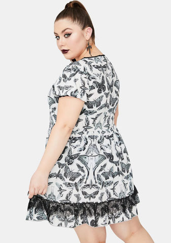 Divine Spirit World Lace Trim Moth Print Dress