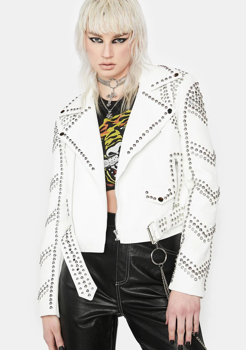 White Sofi Studded Moto Jacket