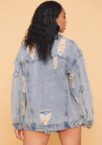 Star Power Distressed Denim Jacket