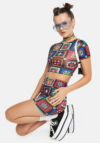Retro Realness Crochet Print Crop Top