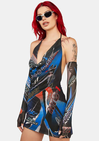 Blue Racing Mesh Drape Dress