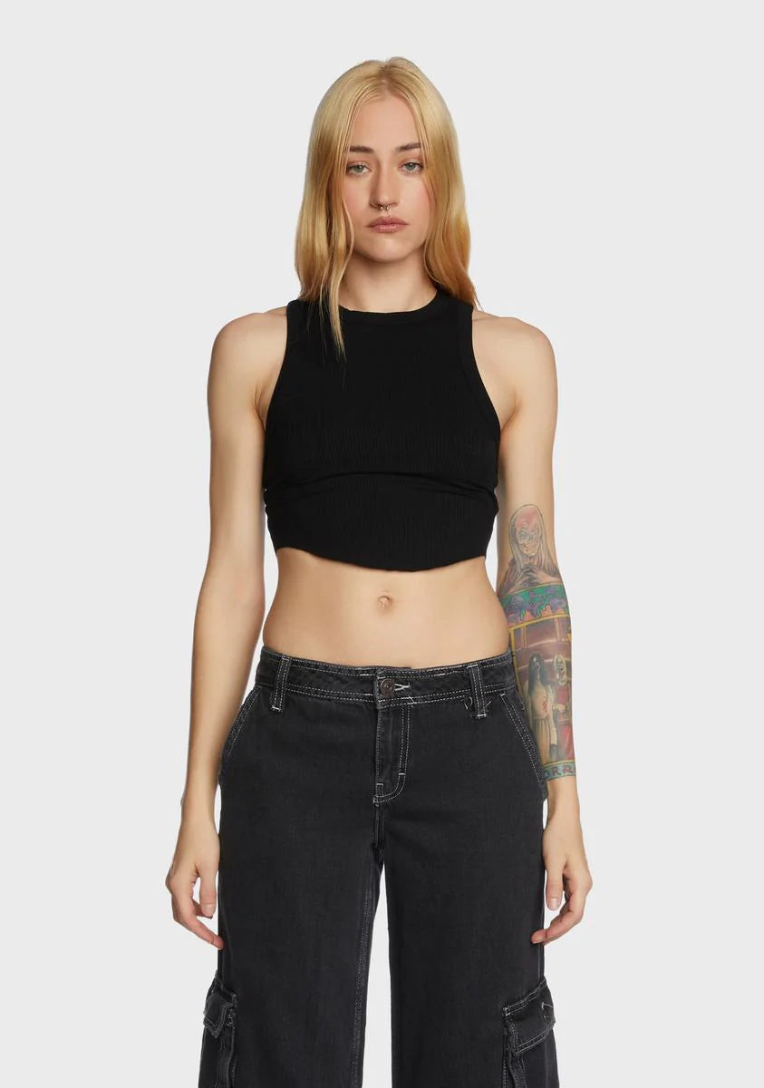 Curved Hem Tank Top - Black