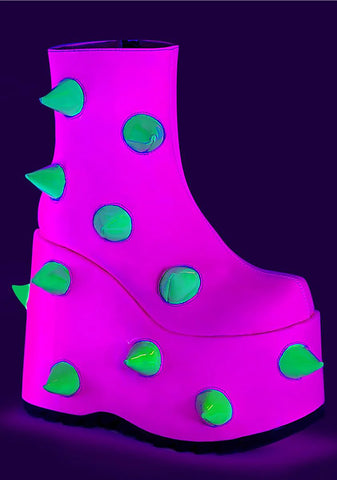 UV Neon Pink Slay-77 Spiked Platform Boots