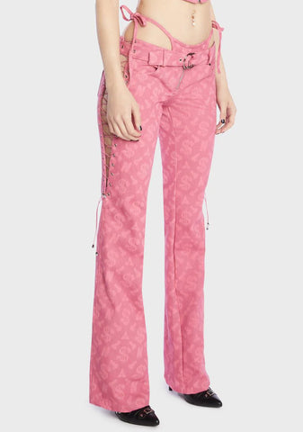 Pink Monogram Denim Low Cut Lace Up Pants