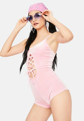 Changing Perspectives Pink Velour Lace Up Romper