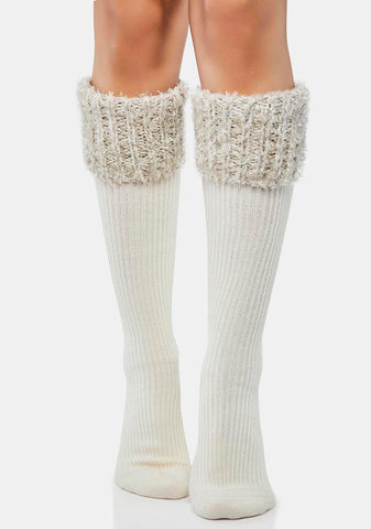 White Cozy Braid Knee High Socks