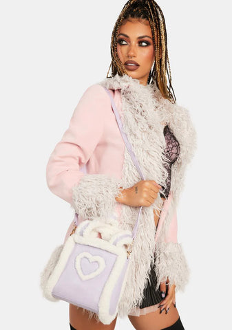 Purple Sophia Faux Fur Flower Mini Tote Bag
