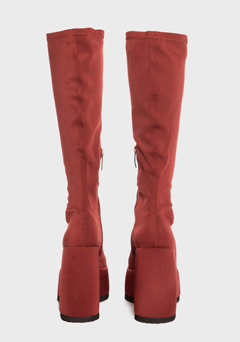 Red Roxy Wedge Knee High Boots