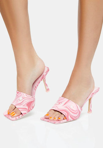 Pink Swirl Print Squared Toe Heeled Mules