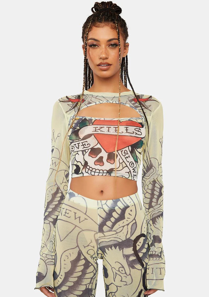 LKS Skull Long Sleeve Mesh Top