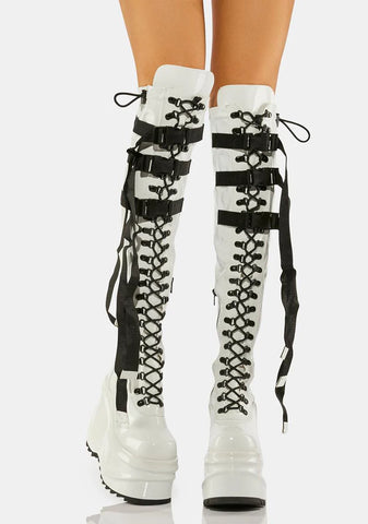 White Patent Wave-315 Thigh High Boots