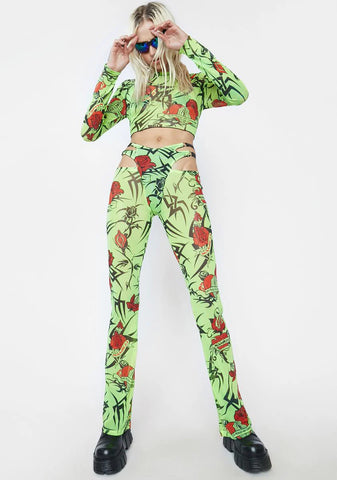 Neon Green Tattoo Rose Speed Racer Mesh Pants