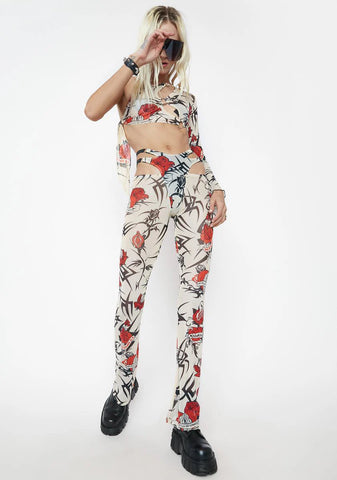 Beige Tattoo Rose One Shoulder Mesh Top