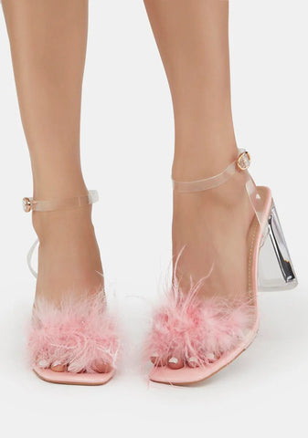 Pink Riley Fluffy Clear Block Heels