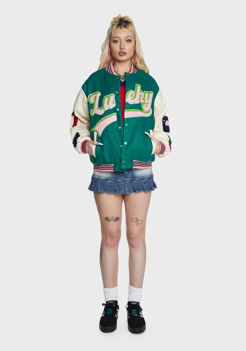 Embroidered Patch Green Varsity Jacket