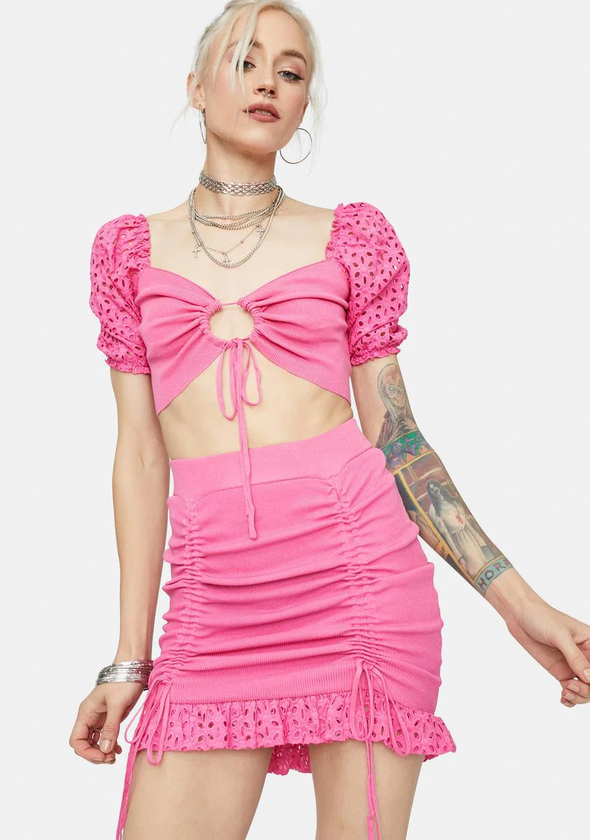 Sweet Be My Baby Puff Sleeve Eyelet Skirt Set