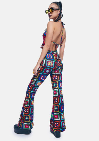 Retro Realness Crochet Print Flare Pants