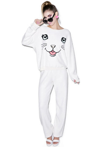 Happy Cat Oversized Sweatshirt - White