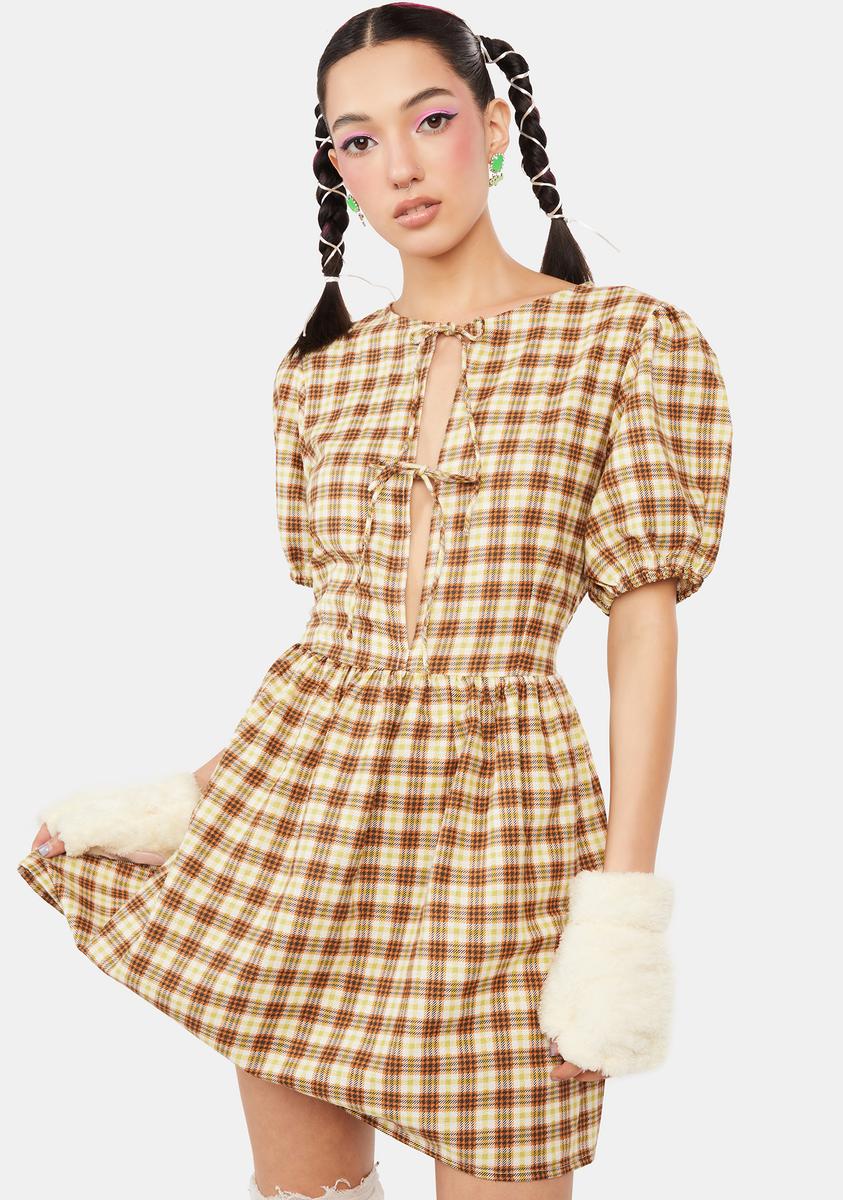 Yellow Brown Check Shirley Mini Dress