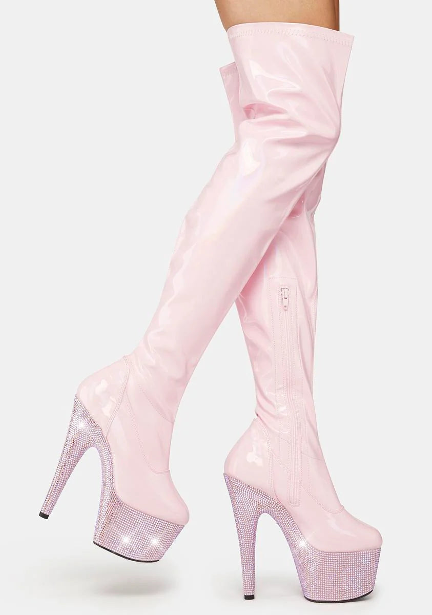 Pink Bejeweled-3000-7 Thigh High Boots