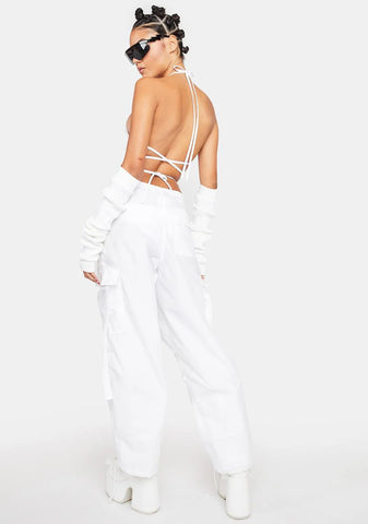 Silky White Flap Pocket Cargo Pants