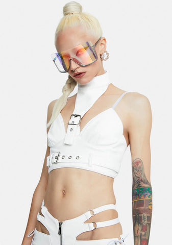White Neckholder Buckle Top