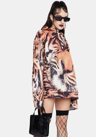 Tiger Face Print Oversized Hoodie