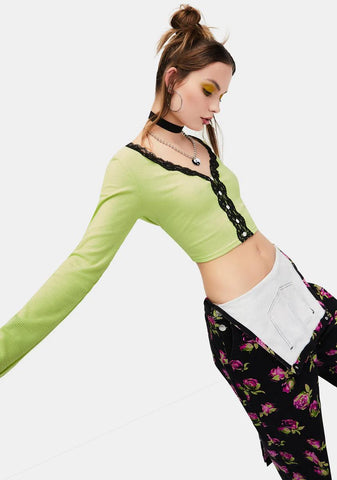 Lime Highly Selective Pointelle Lace Crop Top