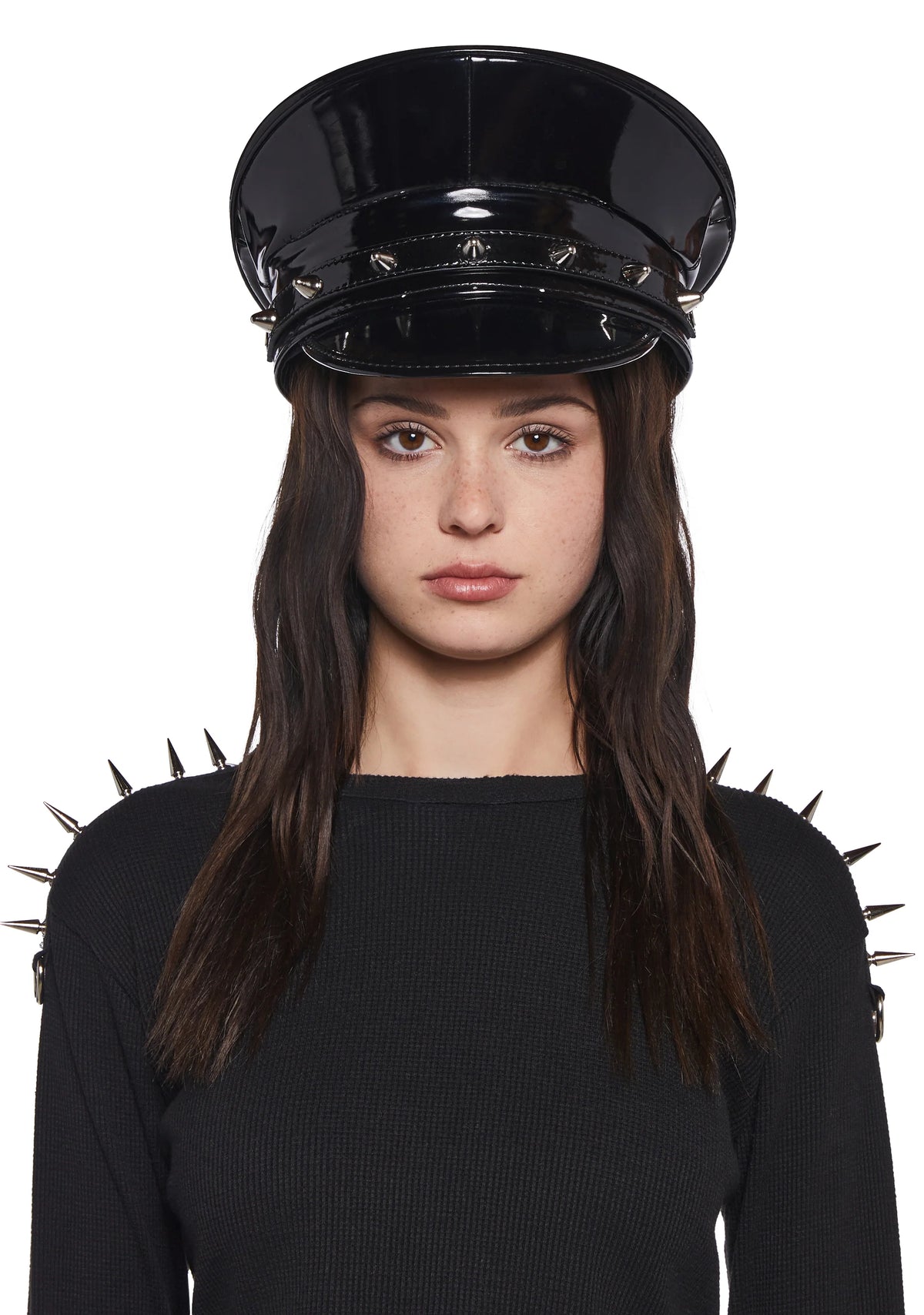 Spiked Black Patent Captain Hat