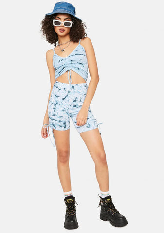 Blue Heat Wave Ruched Biker Shorts